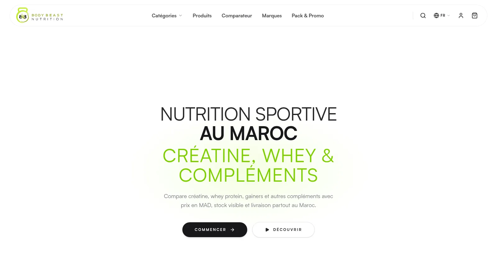 BodyBeast Nutrition homepage hero for sports nutrition in Morocco: creatine, whey, and supplements