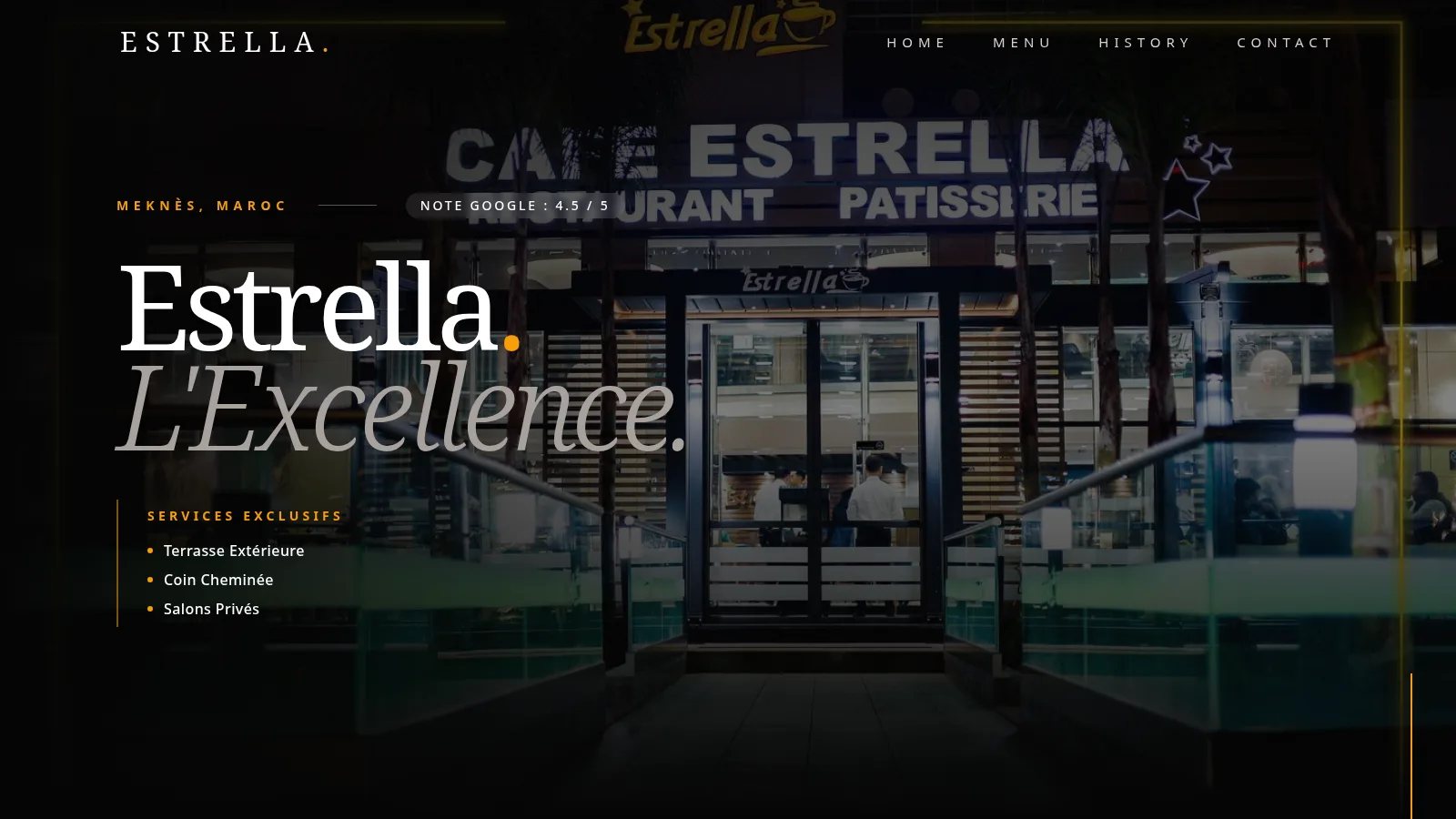 Estrella restaurant homepage with the Estrella L'Excellence headline over its Meknes storefront