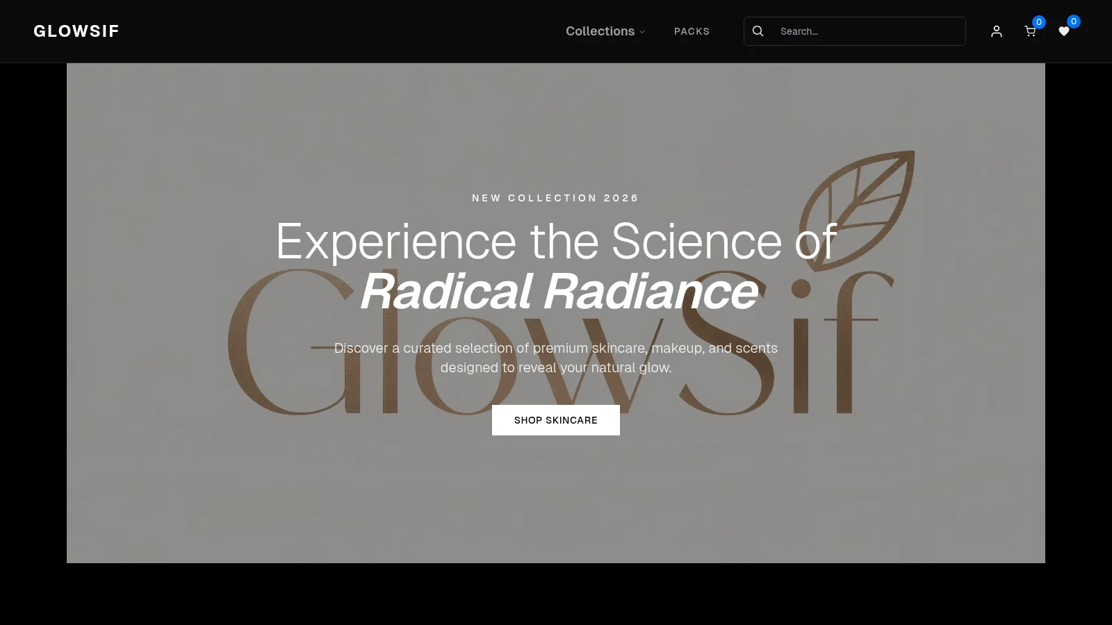 GlowSif homepage with the headline Experience the Science of Radical Radiance