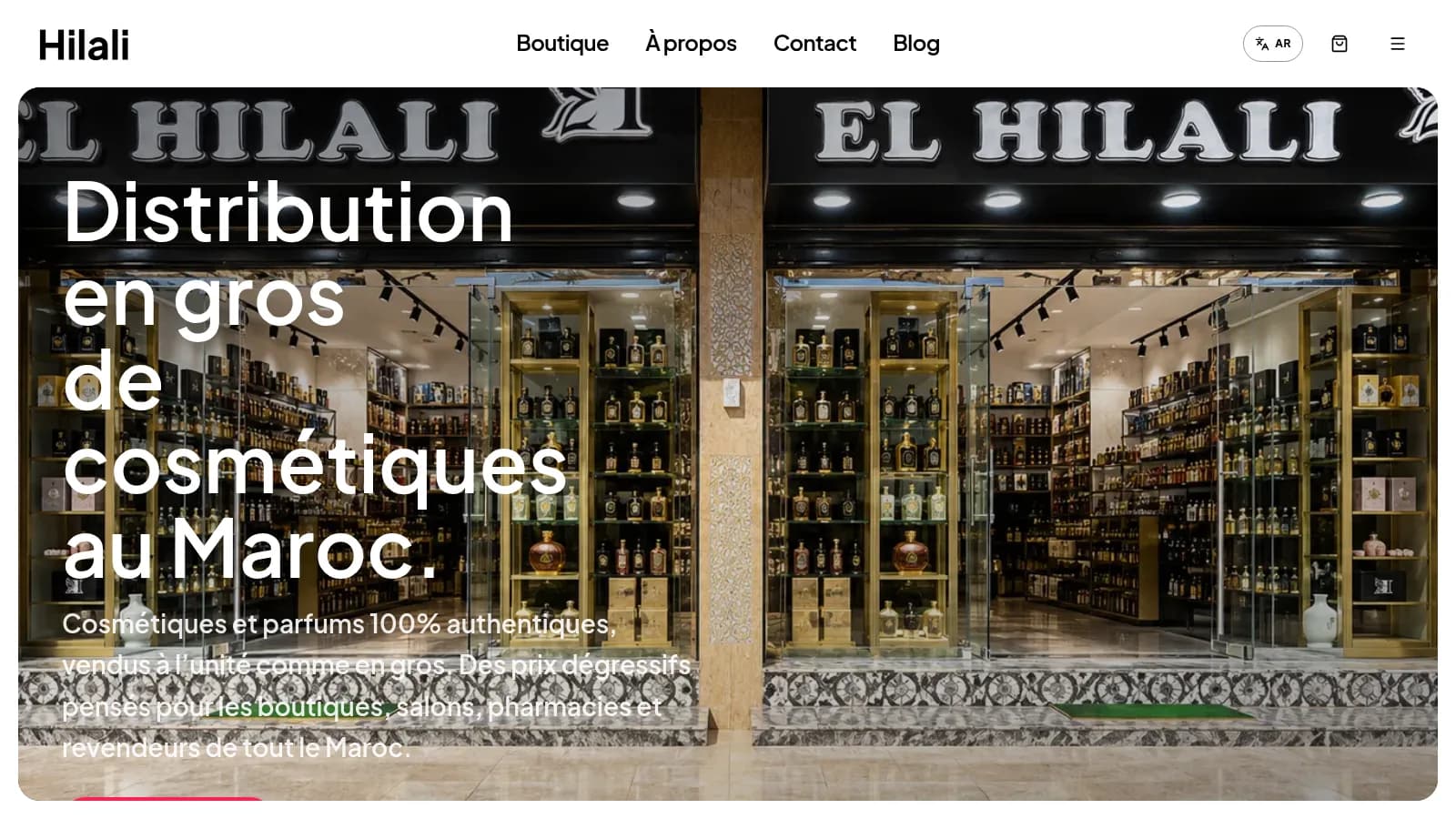 Hilali homepage with the headline Distribution en gros de cosmétiques au Maroc over the El Hilali perfumery storefront