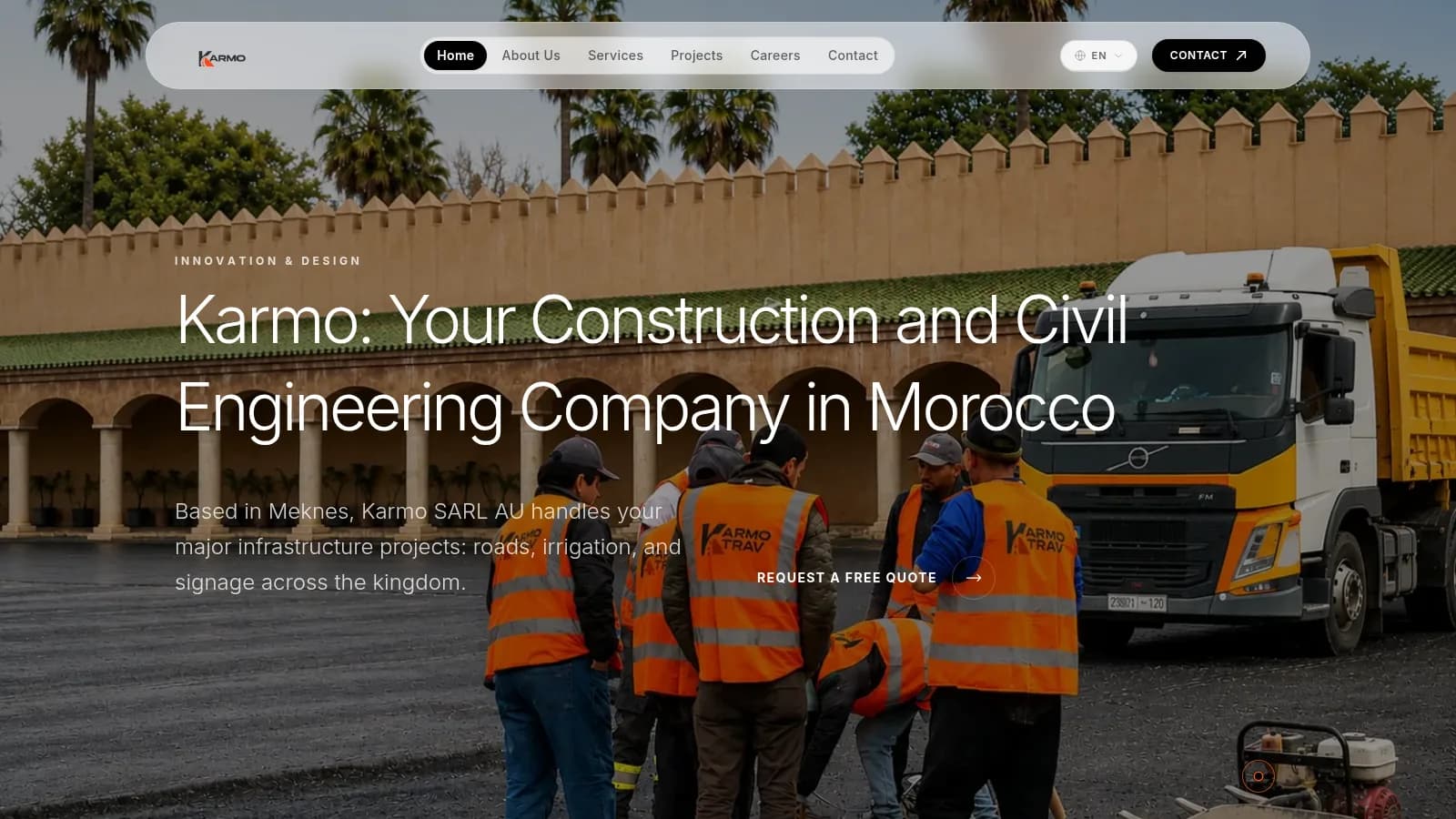 Karmo homepage with the headline Your Construction and Civil Engineering Company in Morocco over a work crew and truck