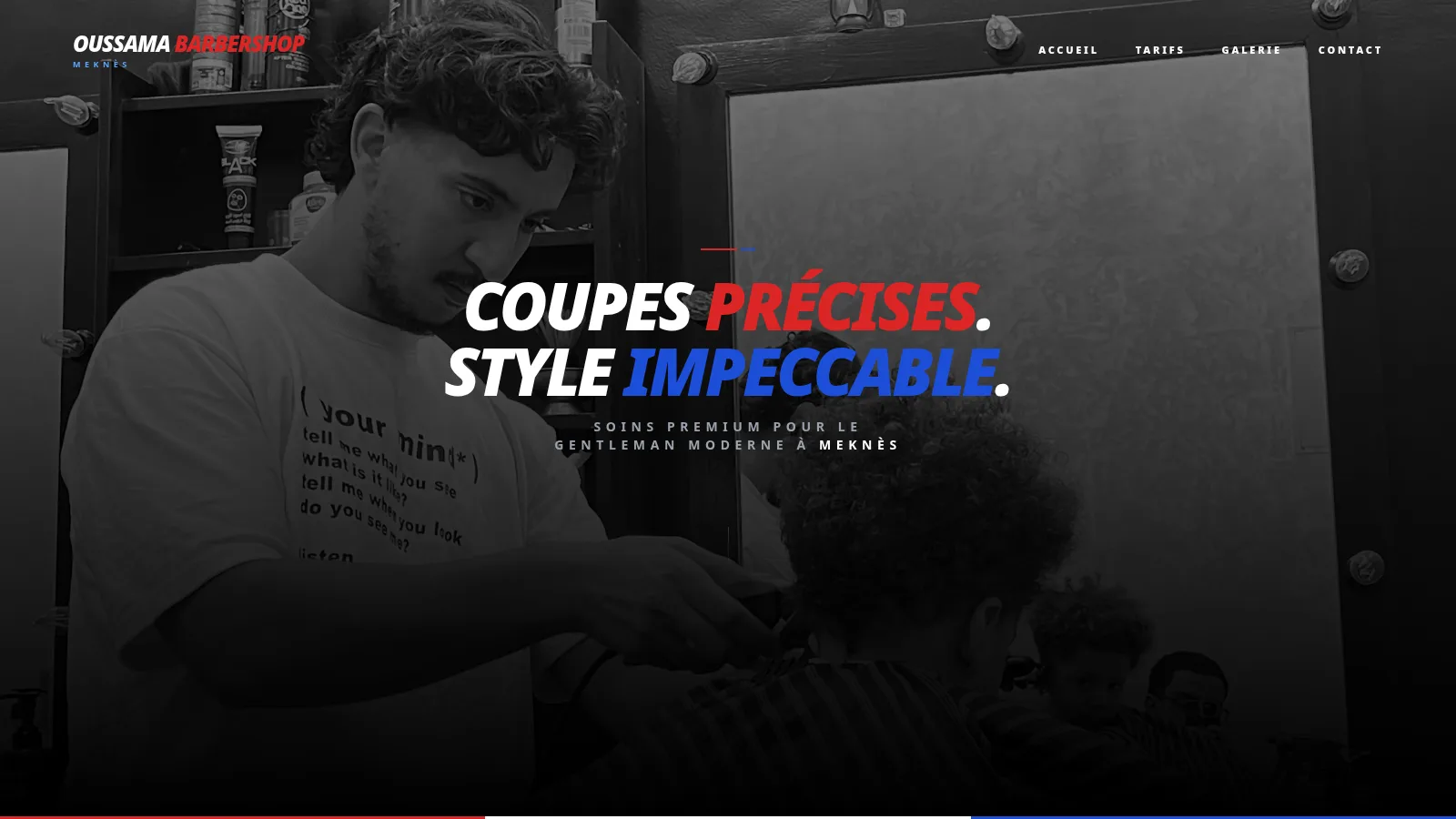 Oussama Barbershop website homepage with a barber at work