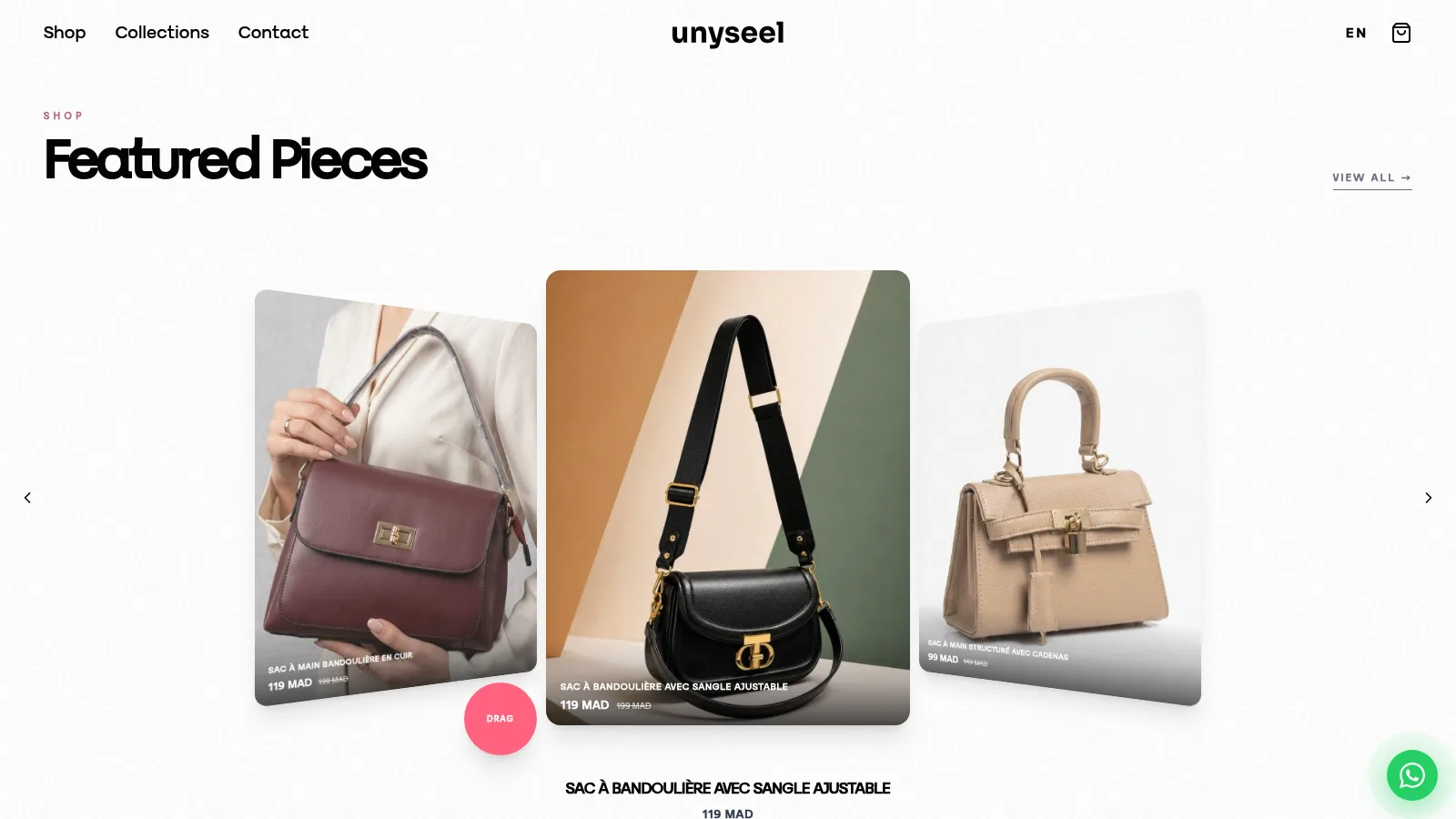 UNYSEEL e-commerce homepage showing the Featured Pieces carousel of leather handbags
